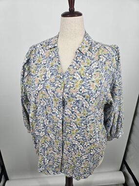 LC Lauren Conrad Blue Yellow Watercolors Floral Print Shirt XL (6775)